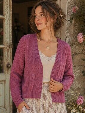Vintage Accordeon Size Medium Textured Floral Knit Cardigan Sweater Mauve 90s